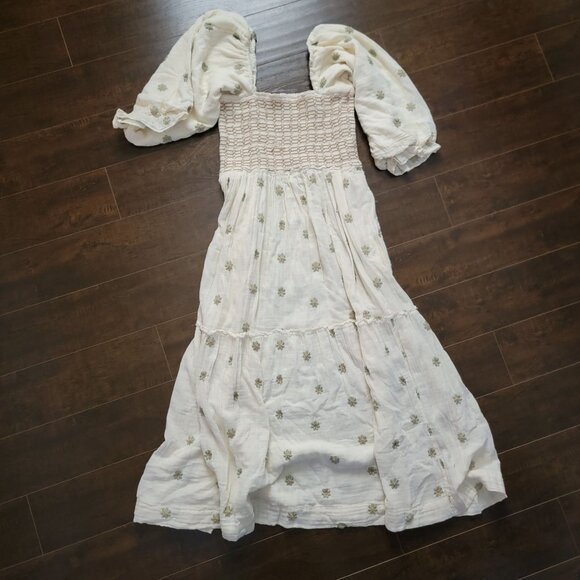 Free People Dahlia Maxi Dress Womens L Boho Cottage Embroidered Yellow Peasant - Picture 3 of 7